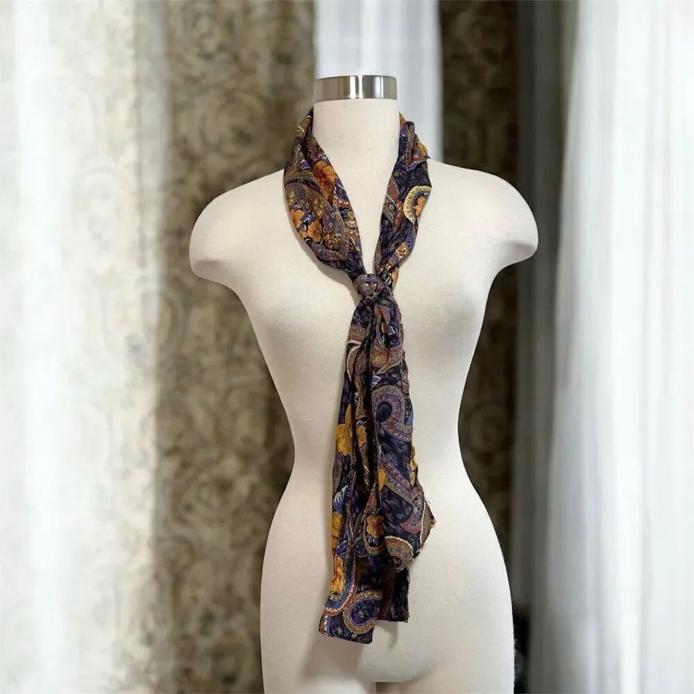 Vintage Black Purple Gold Scarf Paisley Floral Bright Satin Hand Rolled Embossed